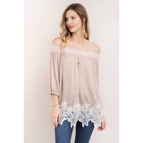 Kori America Off the Shoulder Women’s Mocha Top Lace Trim Size S, M, L NWT - Picture 2 of 10